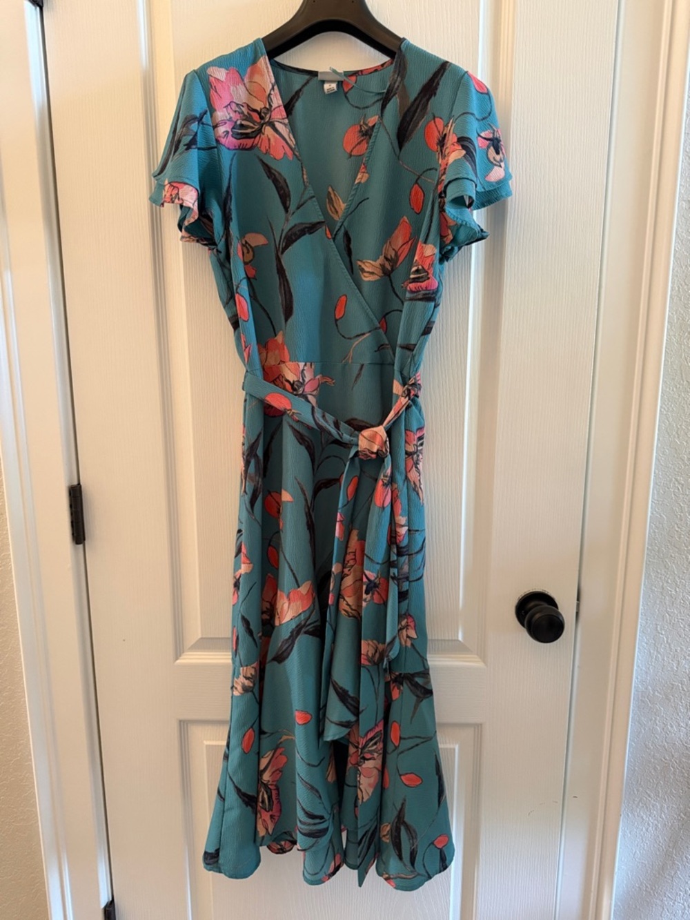 a new day Teal Floral Wrap Midi Dress with Pink Accents